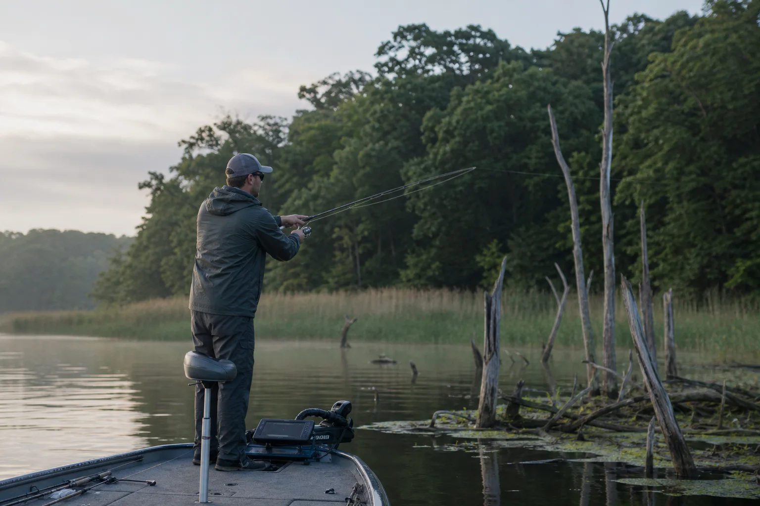 Bass angler casting from a boat toward reeds and submerged timber