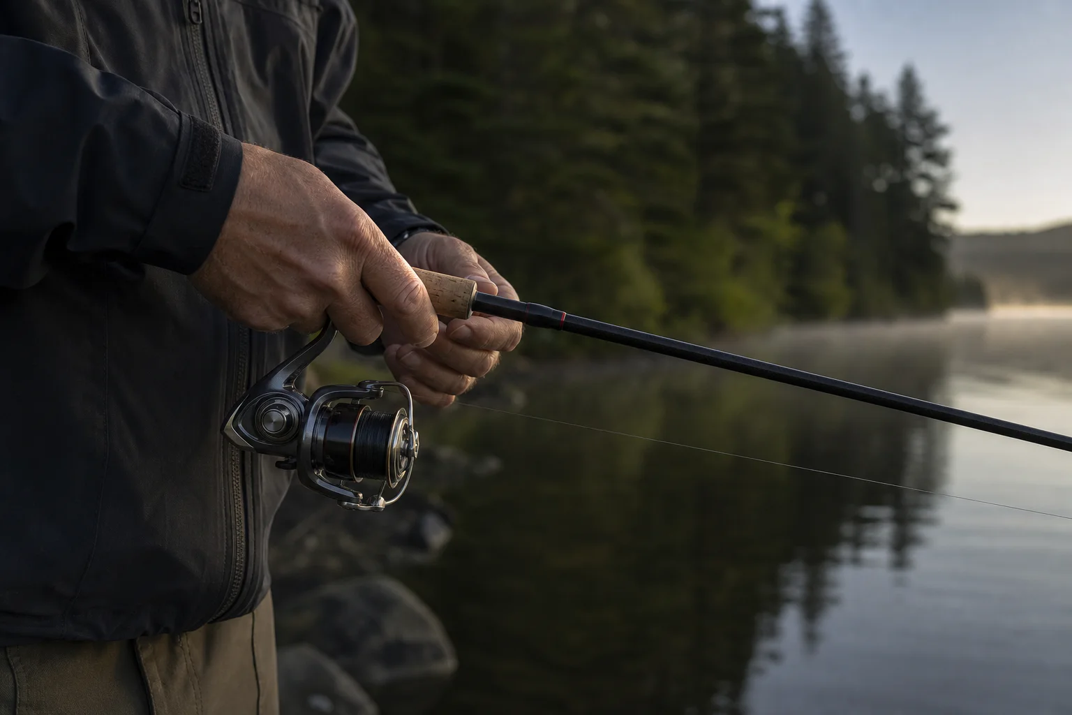Angler holding a spinning reel and rod beside a quiet lake