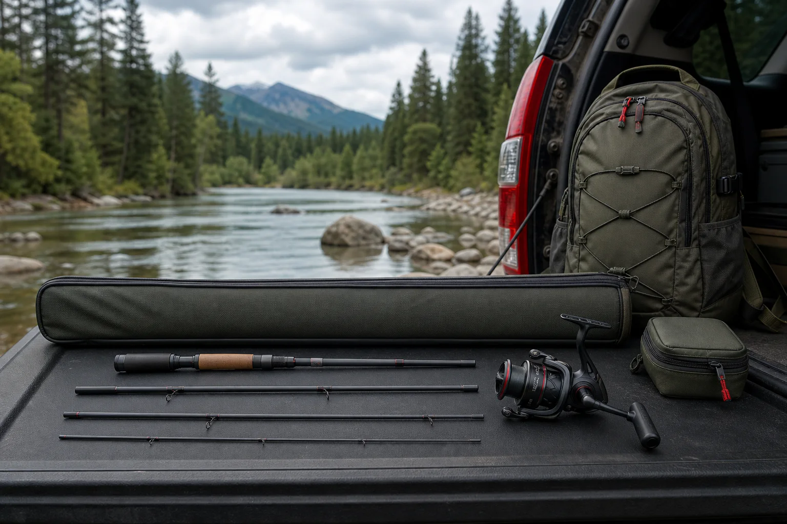 Compact travel rod, reel, protective case and daypack arranged beside a river